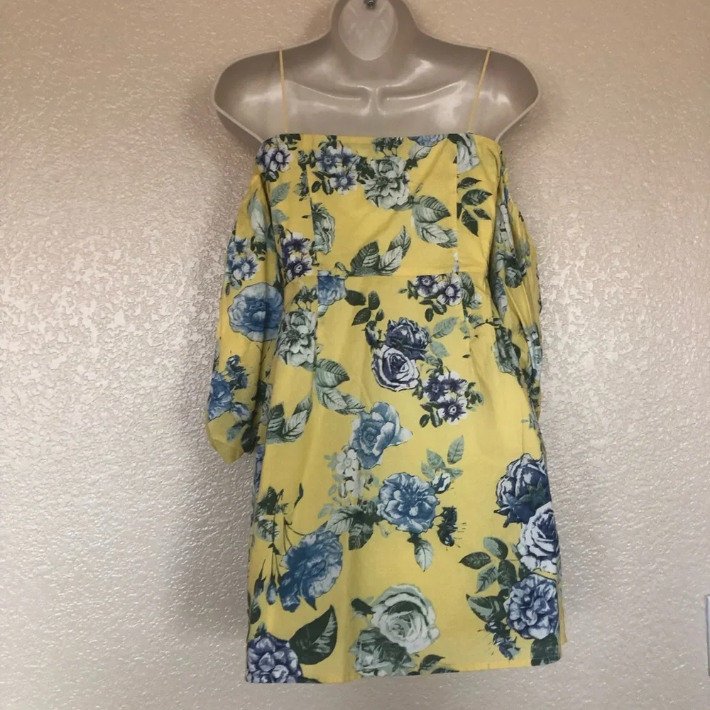 JOA Floral Mini Off Shoulder Bubble Sleeve Dress XS Yellow New - Picture 2 of 8
